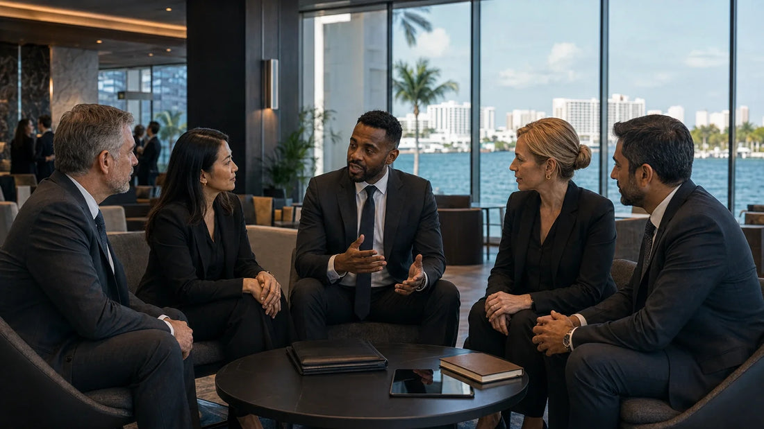 Fund finance lawyers, bankers and investment professionals networking in Miami Beach for an article about the 2027 Global Symposium