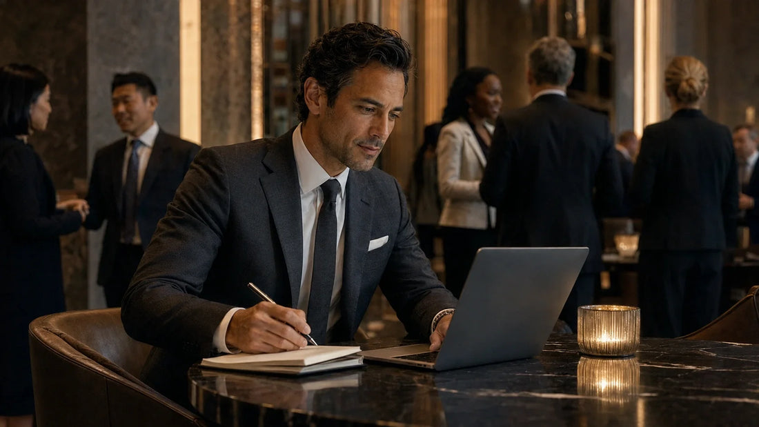 Lawyer writing a thoughtful follow-up message after an international legal networking event.