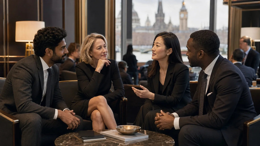 Lawyers building trusted professional relationships at an international legal networking event.