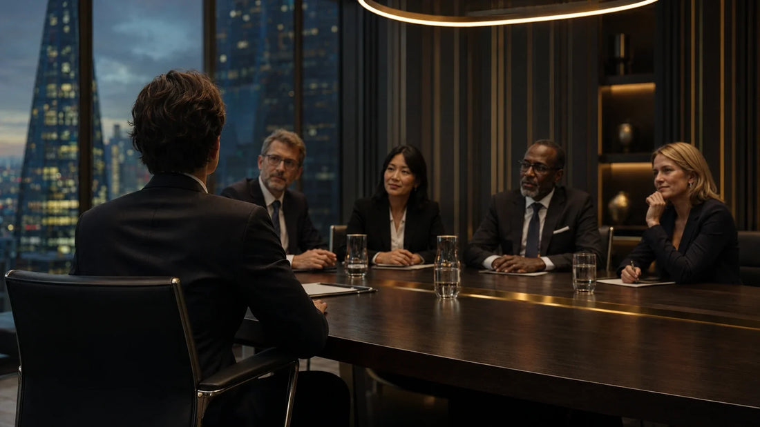 Senior lawyer presenting their partnership potential to a diverse international law firm partnership panel